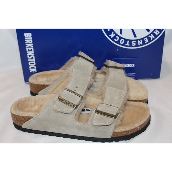 Birkenstock Women's EU 37 NARROW Arizona Shearling Lined Sandals Taupe NIB - Picture 1 of 7